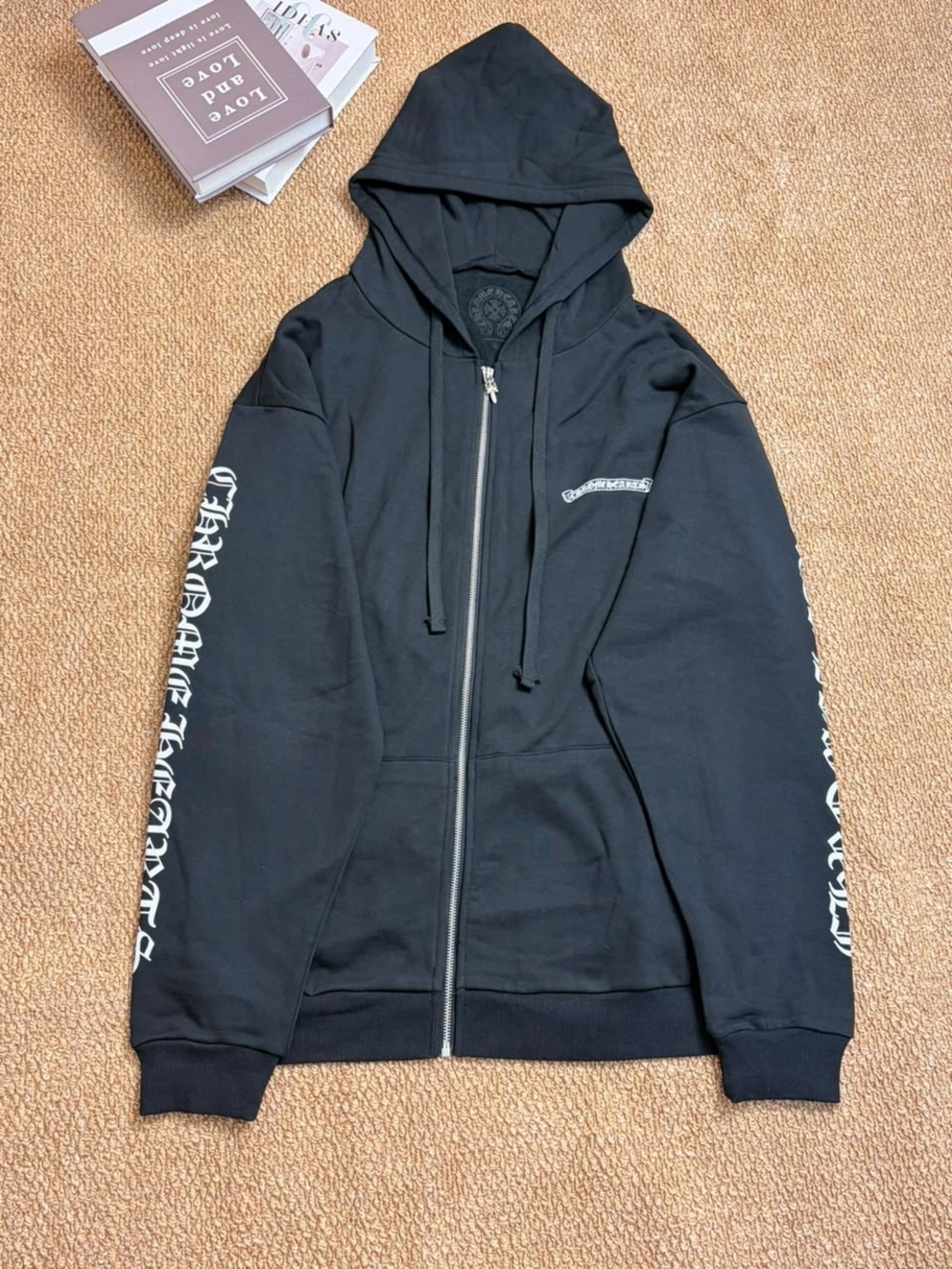 Chrome Hearts Black Zip-Up Hoodie with White Sleeve Script